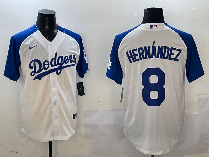 Men Los Angeles Dodgers #8 Hernandez White Blue Fashion Game 2025 Nike MLB Jersey style 1